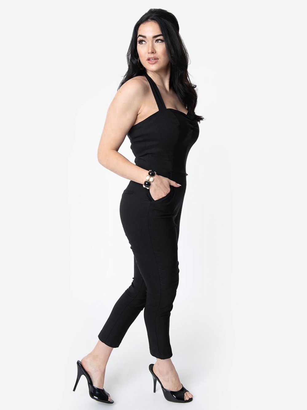 Unique Vintage 1950's Black Halter Marcel Jumpsuit